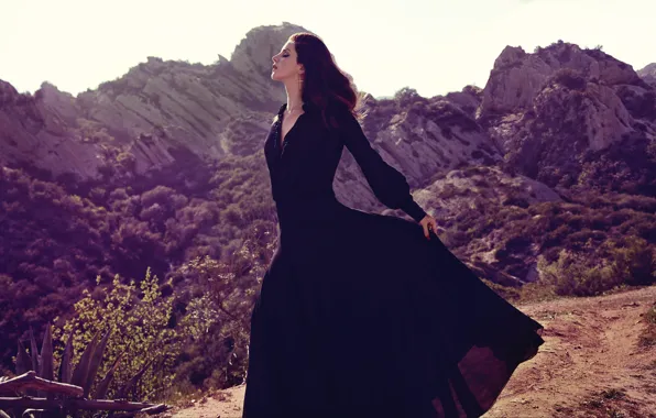 The sun, landscape, mountains, nature, makeup, dress, brunette, hairstyle