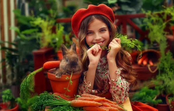 Smile, mood, rabbit, girl, long hair, carrots, takes, Lyubov Pyatovskaya