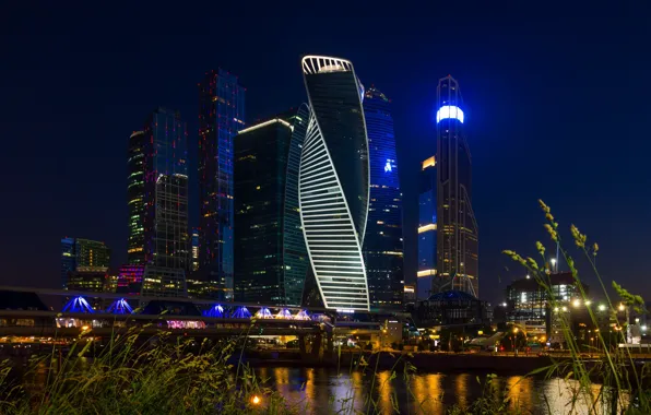 Picture bridge, river, building, Moscow, Russia, night city, skyscrapers, Moscow-City