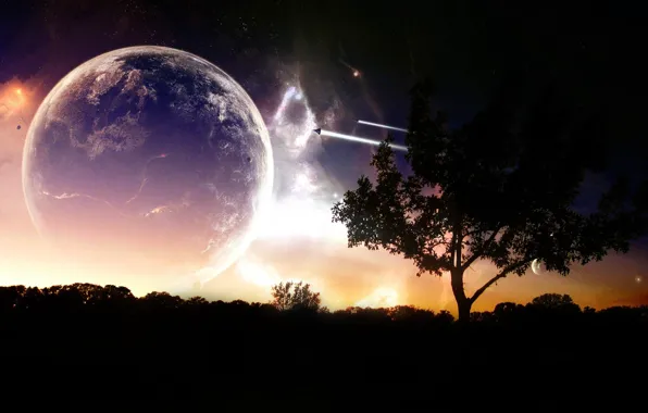 Nebula, tree, planet, ships, silhouette