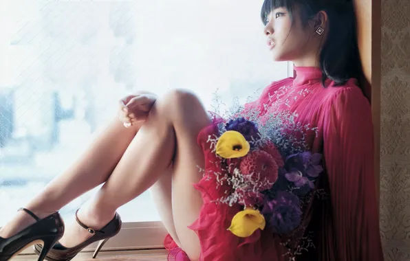 Brunette, Flowers, Window, Satomi Ishihara