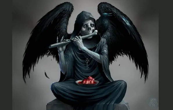 Picture heart, skull, Death, bone, Raven, black wings, rags, Sawan