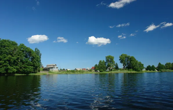 Picture greens, water, village