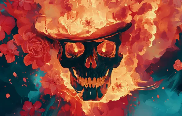 Picture fire, red, hat, blue, flowers, skull face, AI art