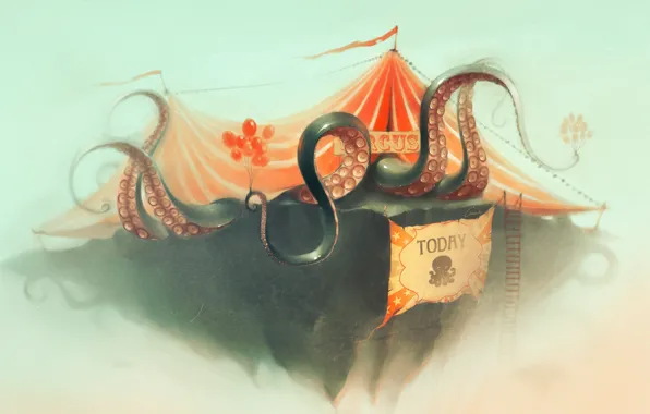 Balloons, circus, art, octopus, ladder, poster, tent