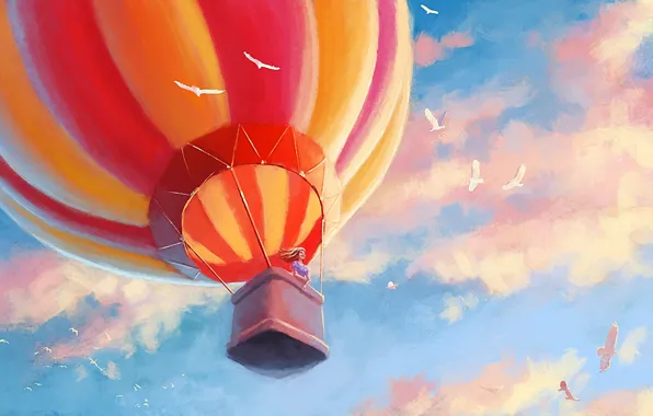 Girl, clouds, birds, balloon, art