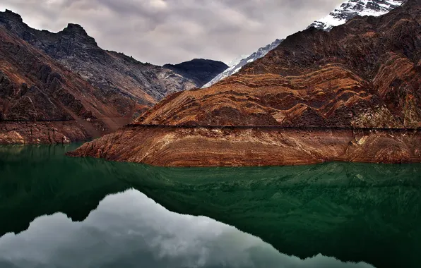 Water, snow, mountains, lake, stones, Alaska