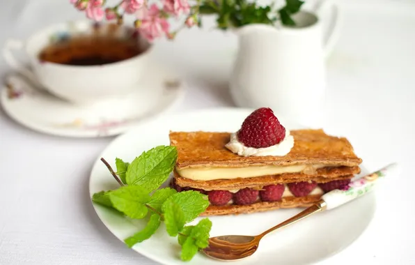 Raspberry, berry, plate, spoon, cake, dessert, cake