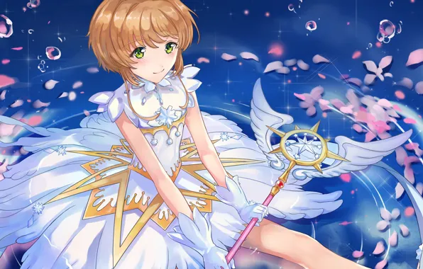 Look, water, bubbles, wings, angel, girl, Card Captor Sakura, Sakura - collector cards