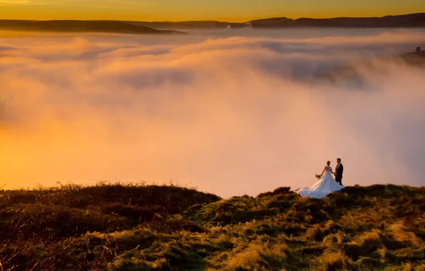 Picture love, dress, mountains, clouds, morning, sunrise, dawn, couple