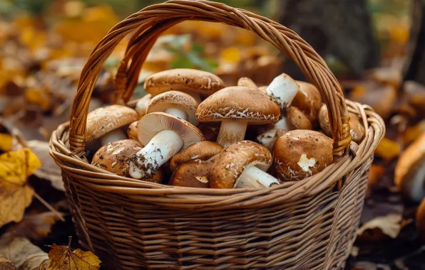 Autumn, forest, nature, glade, foliage, mushrooms, harvest, basket