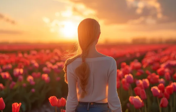 Field, girl, light, flowers, back, spring, tulips, walk
