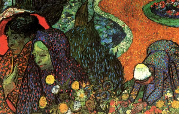 Women, flowers, umbrella, track, Vincent van Gogh, Garden at Etten, Memory of the