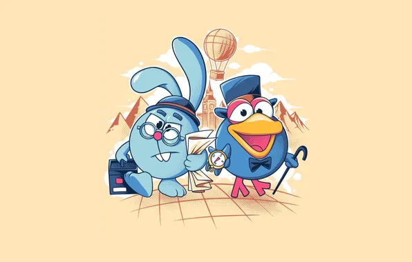 Cartoon, rabbit, travelers, heroes, Raven, Smeshariki, Croche, Karkarych