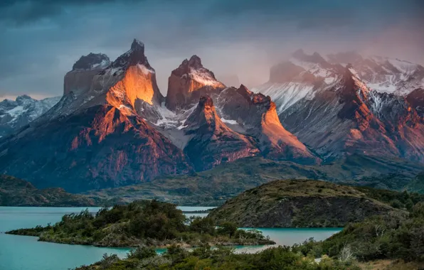 The sky, water, snow, trees, mountains, clouds, nature, lake