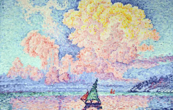 Sea, landscape, boat, picture, sail, Paul Signac, pointillism, Pink Cloud. Antibes