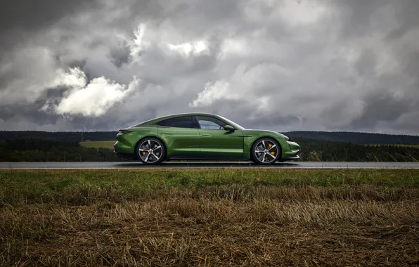 Picture field, grass, clouds, Porsche, in profile, Turbo S, 2020, Taycan