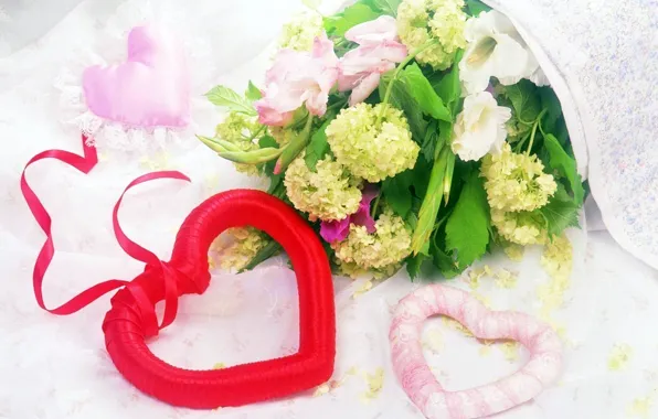 Leaves, flowers, red, pink, gift, heart, flowers, heart
