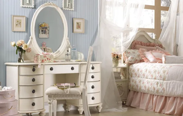 Pink, pillow, mirror, pictures, bedroom, chest, ruffles