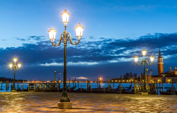 Clouds, Marina, the evening, lighting, area, lights, Italy, Venice