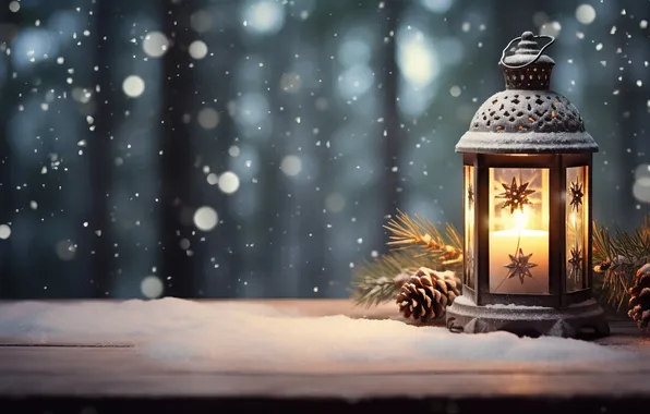 Winter, snow, night, Christmas, lantern, New year, Christmas, night