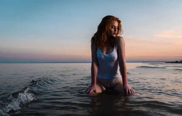 Sea, girl, sunset, pose, Mike, red, redhead, closed eyes