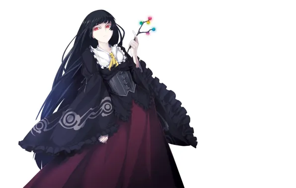Picture sprig, white background, corset, black dress, red eyes, long hair, art, ruffles