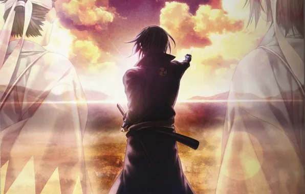 Memories, horizon, shadows, friends, gesture, demons pale cherry, hakuouki shinsengumi kitano, pink clouds
