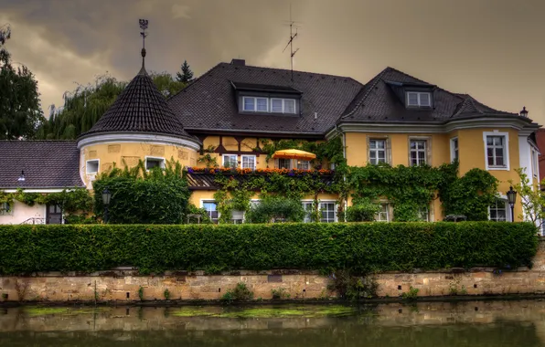Greens, flowers, house, overcast, the evening, Germany, channel, the bushes