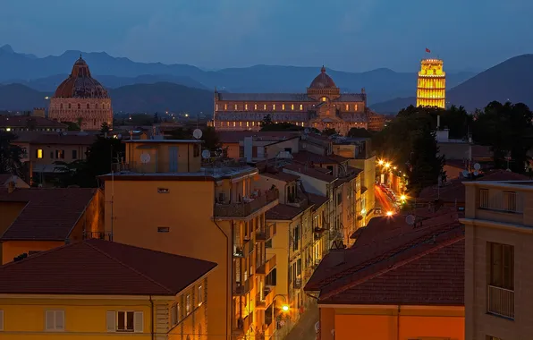 Mountains, night, lights, home, Italy, Cathedral, Pisa, Tuscany