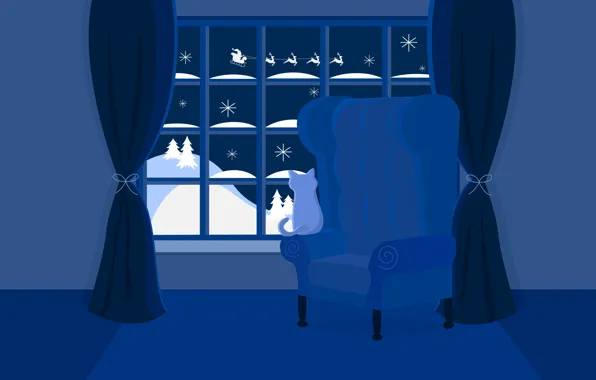 Night, Cat, Room, Christmas, Window, New year, Curtains, Santa Claus