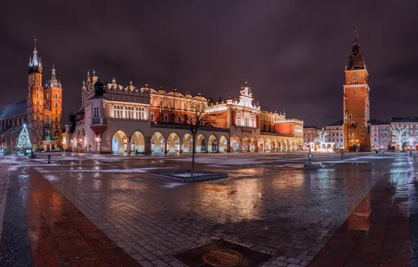 Picture building, area, Poland, night city, Poland, Basilica, Krakow, Krakow
