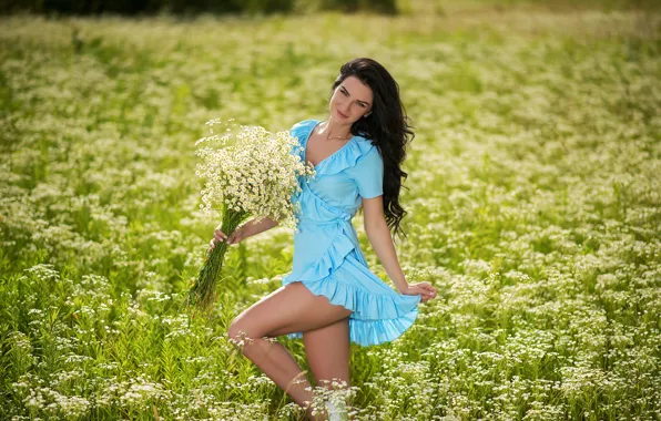 Greens, field, the sun, flowers, sexy, model, portrait, chamomile