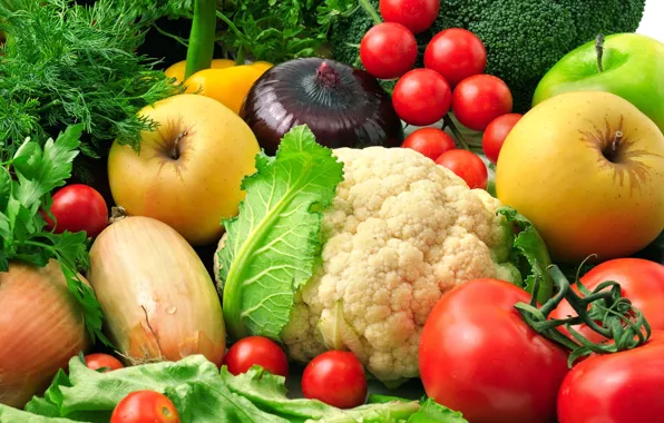 Greens, apples, bow, dill, eggplant, fruit, vegetables, salad
