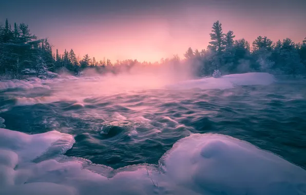 Picture winter, sunset, fog, lake