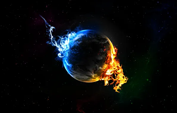 Stars, blue, fire, flame, planet