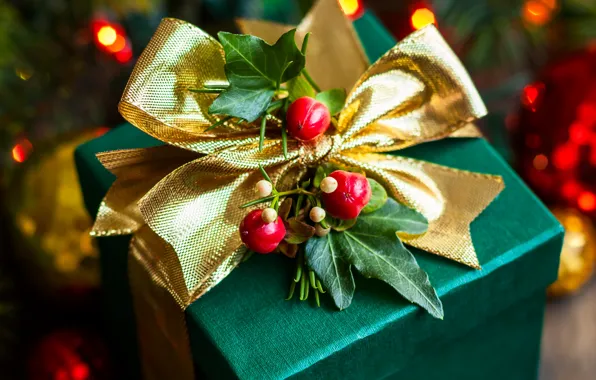 Picture leaves, berries, box, gift, New Year, Christmas, tape, bow