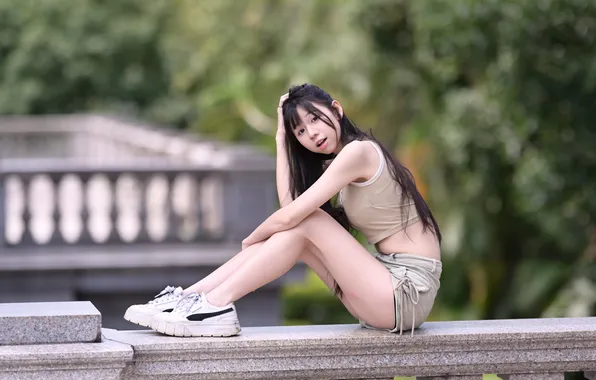 Shorts, Mike, Asian, Brunette, Feet, Sitting, Sneakers