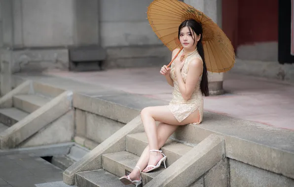 Picture Asian, Dress, Umbrella, Feet, Sitting