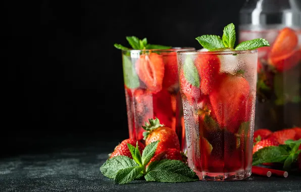 Ice, strawberry, drink, Glasses