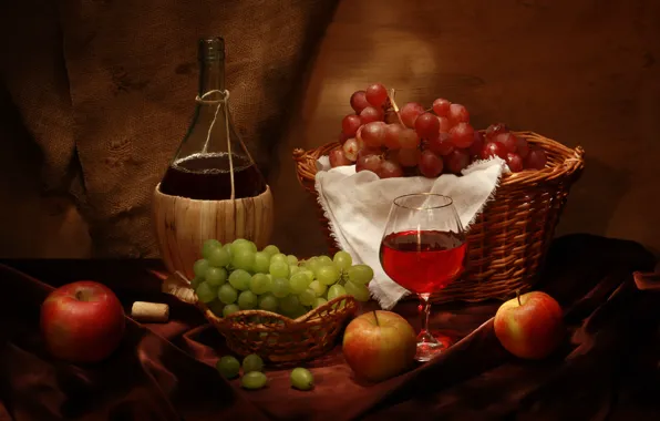 Wine, basket, apples, glass, bottle, grapes, tube, still life