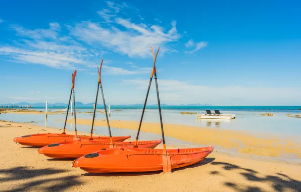 Sand, sea, the sky, mountains, shore, boats, horizon, paddles
