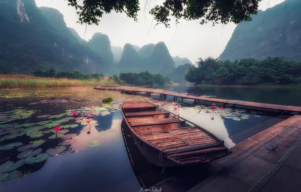 Mountains, boat, Lily, beauty, pier, haze, Vietnam, Evgeni Fabis