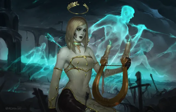 Death, spirit, fantasy, art, harp