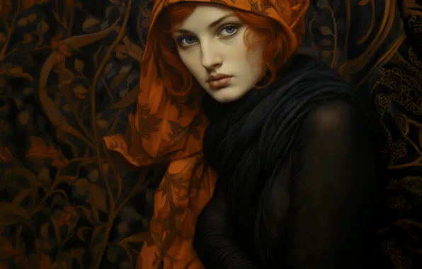 Look, girl, face, the dark background, portrait, ornament, redhead, shawl