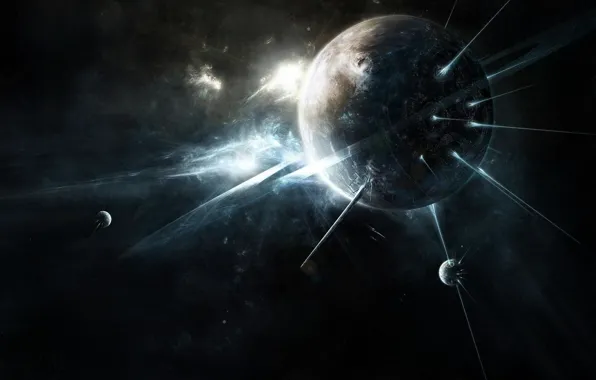 Space, rays, light, space, planet