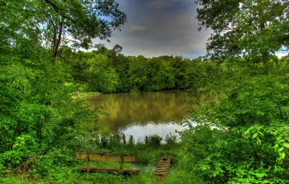 Picture bench, nature, river, HDR, Germany, Hungen, Hessen