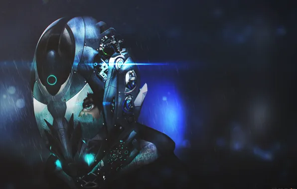 Picture eyes, girl, metal, face, glare, robot, art, helmet