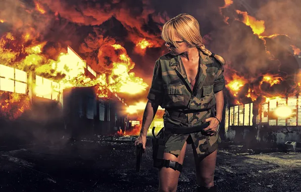 Girl, gun, weapons, fire, fire, smoke, the building, glasses
