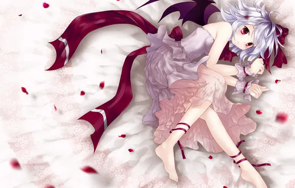 Picture wings, petals, dress, girl, lace, touhou, remilia scarlet, lying